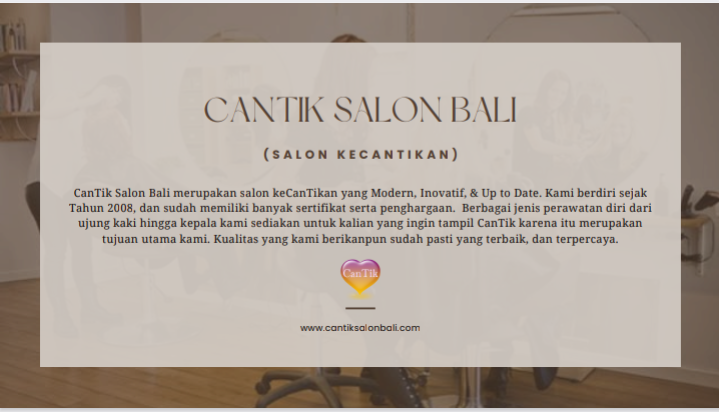 Logo dan tampilan halaman depan Cantik Salon Bali dengan latar ruangan salon kecantikan; teks bertuliskan ‘CANTIK SALON BALI (Salon Kecantikan)’ dan deskripsi singkat tentang salon