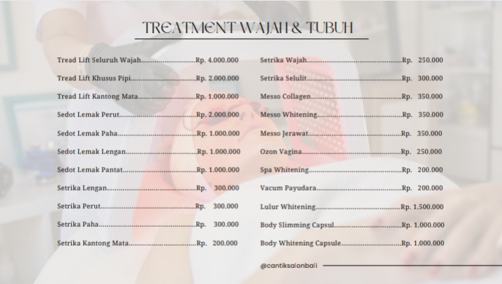 Daftar Harga Treatment Wajah & Tubuh — Cantik Salon Bali
